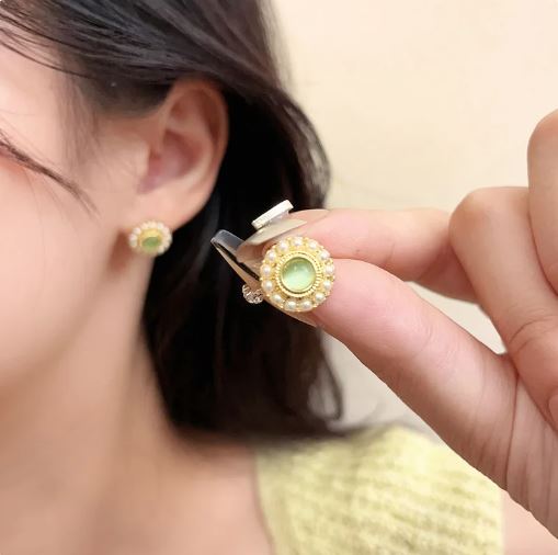 Modern Sweet Korean Studs Earrings For Girls & Women's | Temperament Green Color Stone